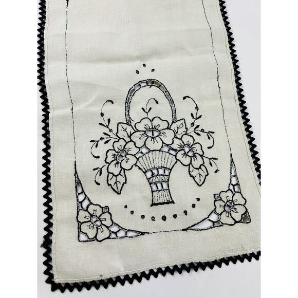 4 Pc Set Vintge Linen Table Runner Dresser Scarf Cutwork Floral Black Embroidery - Picture 11 of 16